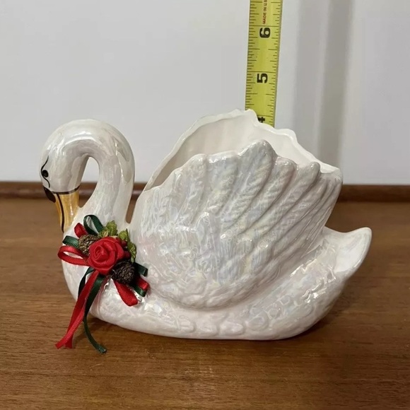 Vintage Swan Planter Dish Enesco 1987 Hand Painted Christmas Ribbon Lusterware - Picture 10 of 12